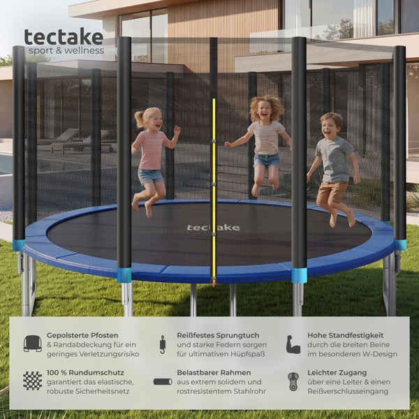tectake Logo. Gartentrampolin mit Sicherheitsnetz, gepolsterten Pfosten und Randabdeckung. Kinder springen auf dem Sprungtuch. Stabiler Stahlrahmen.