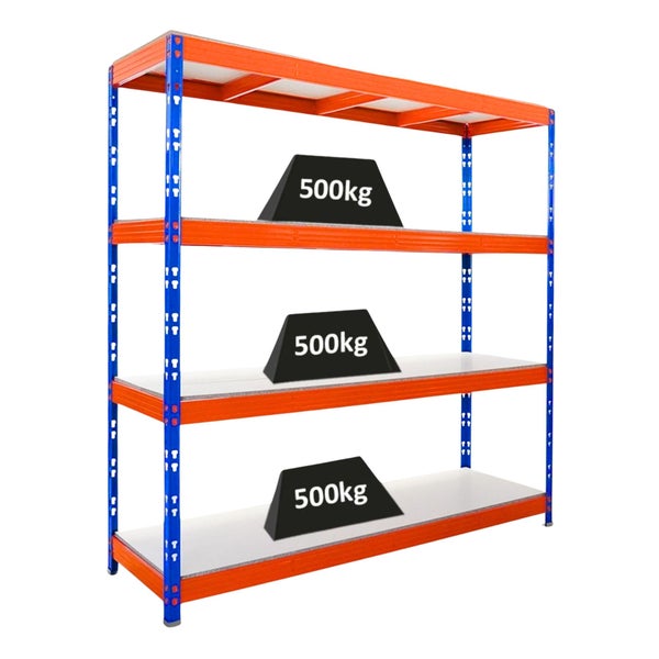 Schwerlastregal mit vier Holzböden und einer Tragkraft von 500 Kilogramm pro Fachboden.