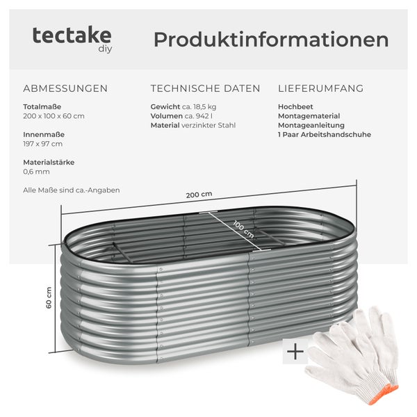Hochbeet tectake Flormma 200 x 100 x 60 cm aus verzinktem Stahl silber