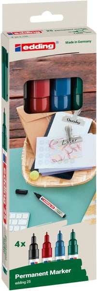 Edding 25 Permanent Marker Set mit vier Stiften, 1 Millimeter Strichbreite, für verschiedene Oberflächen geeignet.