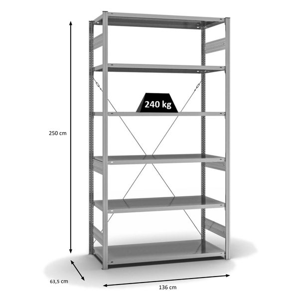 PROREGAL Fachbodenregal Stecksystem T-Profil Medium-Duty Grundregal HxBxT 250 x 130 x 60 cm 6 Ebenen Fachlast 240 kg Einseitig Nutzbar Verzinkt