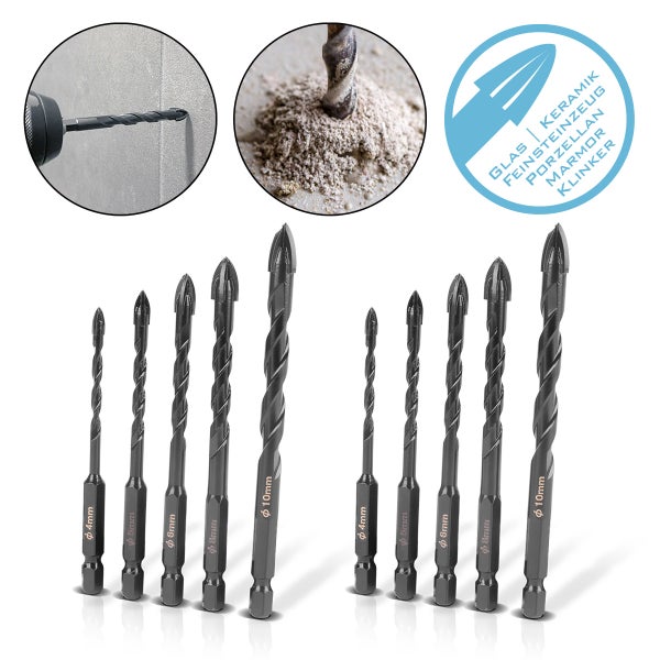 Zehnteiliges Bohrer-Set für Glas, Keramik, Feinsteinzeug, Porzellan, Marmor und Klinker mit Sechskantschaft in den Größen vier bis zehn Millimeter.