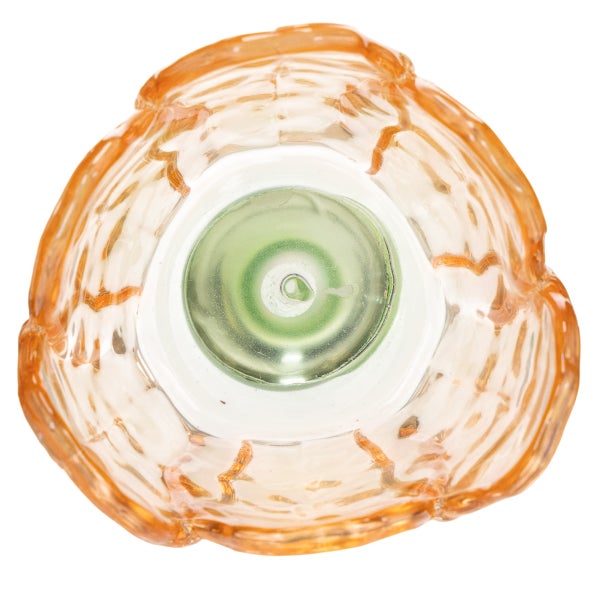 Orangefarbene Glasvase mit rundem, grünem Einsatz