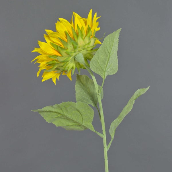 Nahaufnahme eines grünen Blattes und Stiels einer künstlichen Sonnenblume.