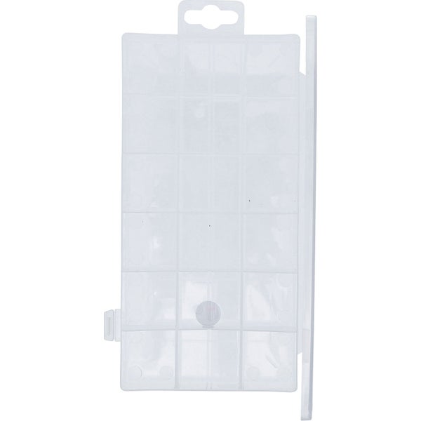 Transparente Sortierbox aus Kunststoff mit mehreren kleinen Fächern und Aufhängevorrichtung.