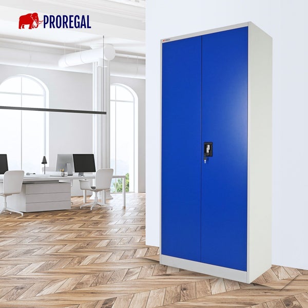Proregal Metallschrank in einem hellen, modernen Büro mit Holzboden. Blauer, abschließbarer Aktenschrank aus Metall. Proregal Logo.