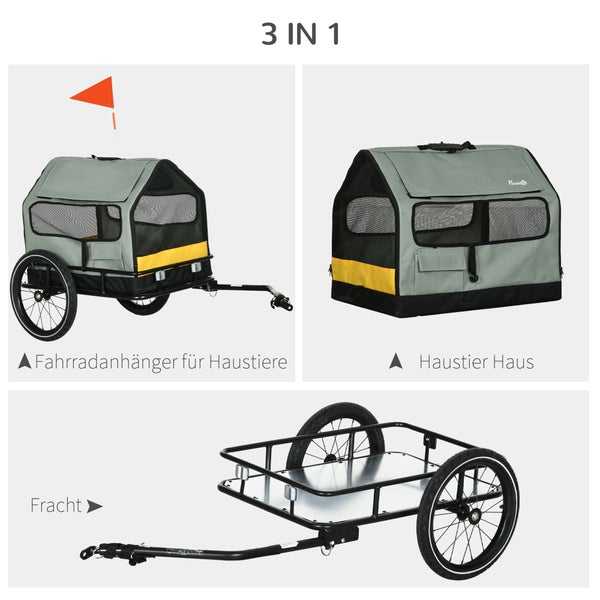 PawHut 3-in-1 Hundeanhänger Haustierhaus, Lastenanhänger Hundefahrradanhänger, Hundewagen mit Reflektoren für kleine Hunde bis 10 kg, Oxford, Grau