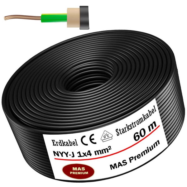 Erdkabel NYY-J 1x4 Quadratmillimeter, Starkstromkabel 60 Meter, MAS Premium.