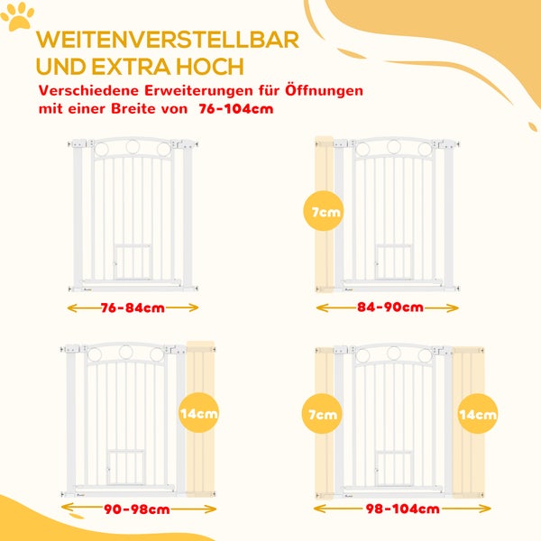 PawHut Türschutzgitter Hund, 76-104 cm Absperrgitter ohne Bohren, Treppengitter aus Stahl, Treppenschutzgitter mit Katzentür, Schutzgitter, Sicherheitsgitter für Treppen, Tür, Flur, Weiß