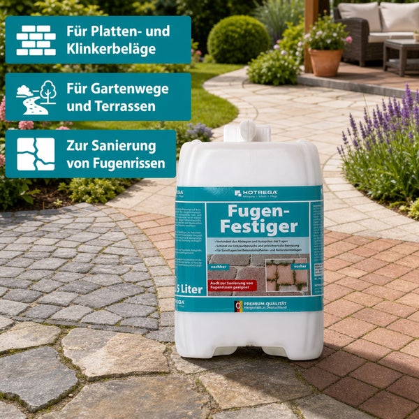 Hotrega Fugen Festiger fuenf Liter Kanister zur Sanierung und Festigung von Platten und Klinkerfugen auf Terrassen und Gartenwegen.