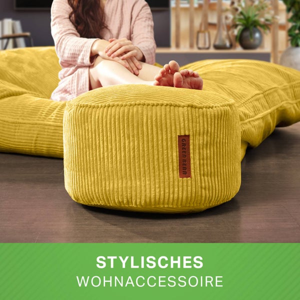 Green Bean Pouf-Kissen 45x25cm mit EPS-Perlen Füllung & Cordstoff Bodenkissen Liegekissen Sitzkissen Sitzhocker Sessel Kinder Erwachsene Stoff Hocker Ablage Gelb