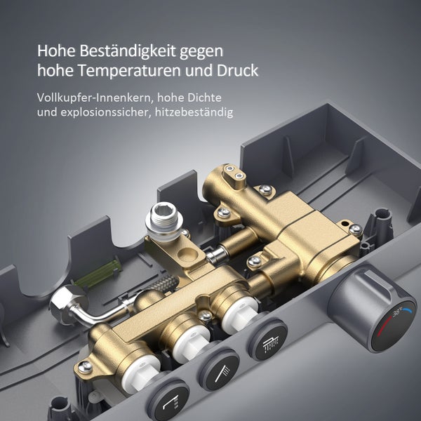 Innenansicht eines Duschthermostats mit massivem Kupfer-Innenkern, Bedienelementen und Temperaturregler.