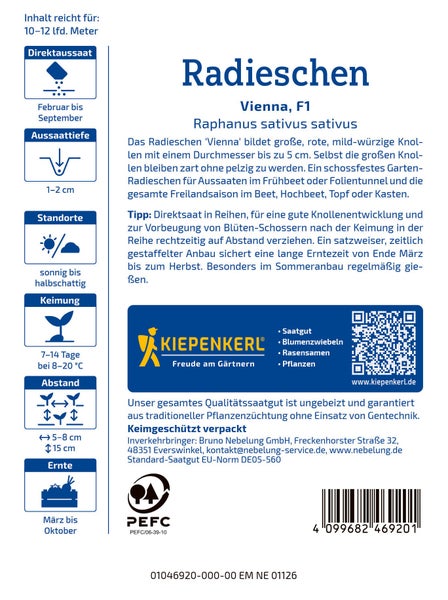 Saatgut Radieschen Vienna F1 von Kiepenkerl zur Kultivierung von milden Knollen im Garten, Beet oder Topf mit detaillierten Anbauhinweisen.