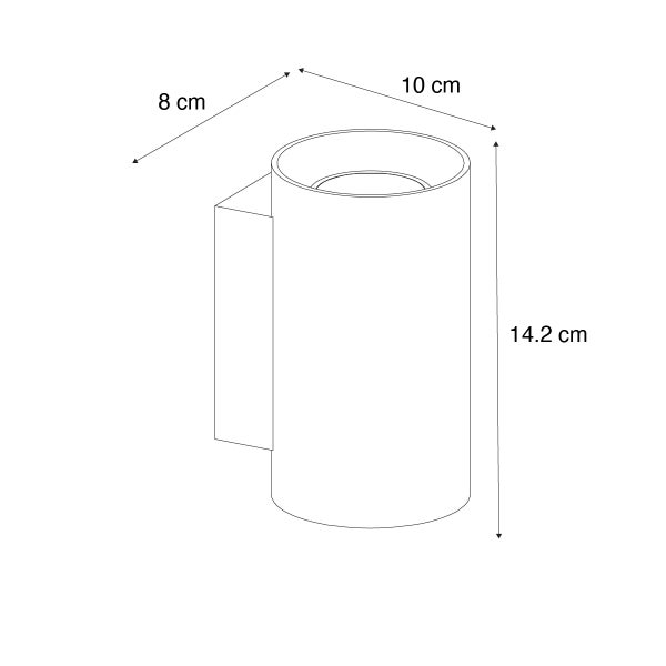 Technische Zeichnung einer Wandleuchte mit den Maßen 8 cm Tiefe, 10 cm Breite und 14,2 cm Höhe.