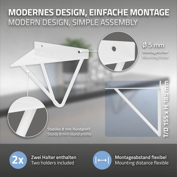 ML-Design 4 Stück Regalhalterung 160 mm, Weiß, aus Metall, Dreieckige Regalhalterungen, Schwebe Regalwinkel, Haarnadel Wandhalterung, Prisma Regalträger für Wandmontage, Hairpin Wandregal Wandkonsole