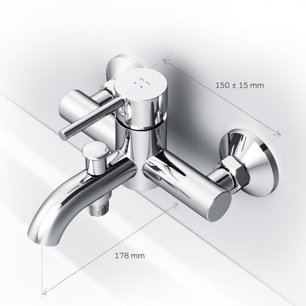 Wannenfüllarmatur zur Wandmontage mit den Maßen 150 plusminus 15 Millimeter und 178 Millimeter