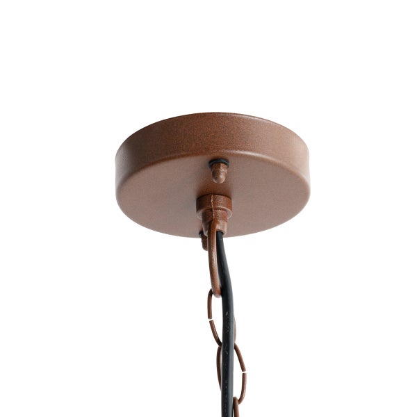 Deckenbaldachin aus Metall in Rostoptik mit Kette und Kabel für Pendelleuchten.