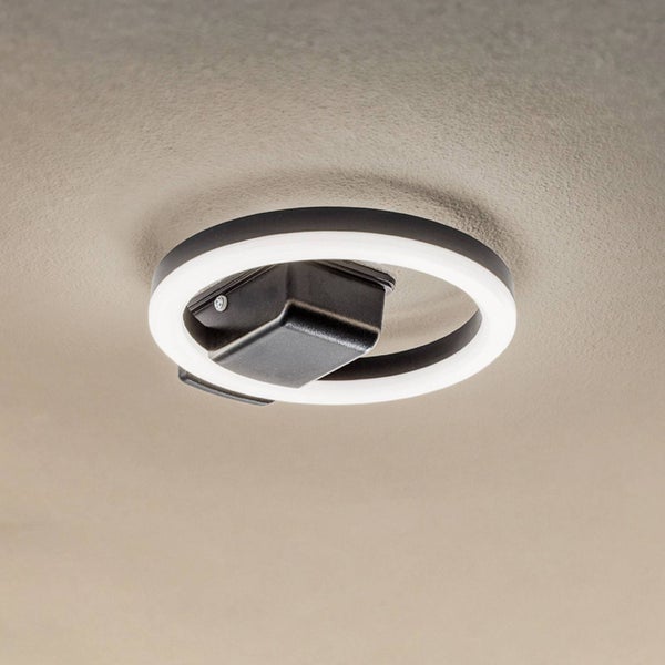 Moderne ringförmige LED-Deckenleuchte in Schwarz mit leuchtendem Lichtring.
