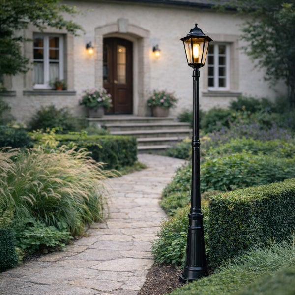 Schwarze Außenstandleuchte im klassischen Laternendesign an einem Steinweg in einem gepflegten Garten vor einem Haus.