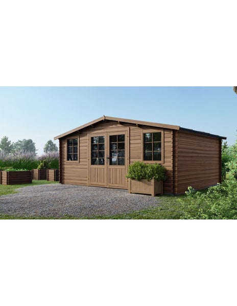 Gartenhaus aus Holz mit Satteldach, Doppeltür und Sprossenfenstern in einer Gartenanlage mit Kiesfläche und Hochbeeten.