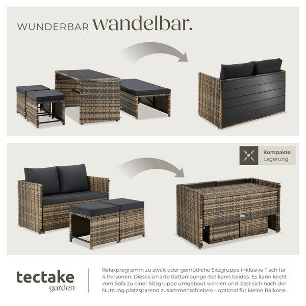 Wandelbares Rattan-Lounge-Set von Tectake Garden: Sitzgruppe mit Tisch oder Sofa, platzsparend zusammenstellbar. Tectake Garden Logo.