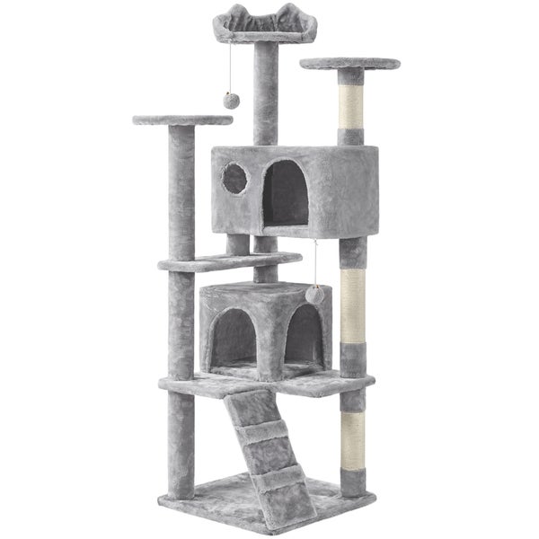 Grauer Katzenkratzbaum mit mehreren Ebenen, Höhlen und Spielzeugbällen