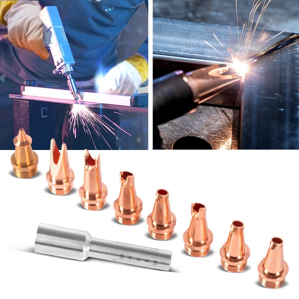 Set aus acht Laserschweißdüsen aus Kupfer und einem Messwerkzeug, inklusive Anwendungsbildern beim Laserschweißen von Metall.