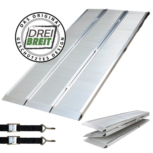 Dreiteilige Rollstuhlrampe aus Aluminium mit Spanngurten und Drei Breit Logo