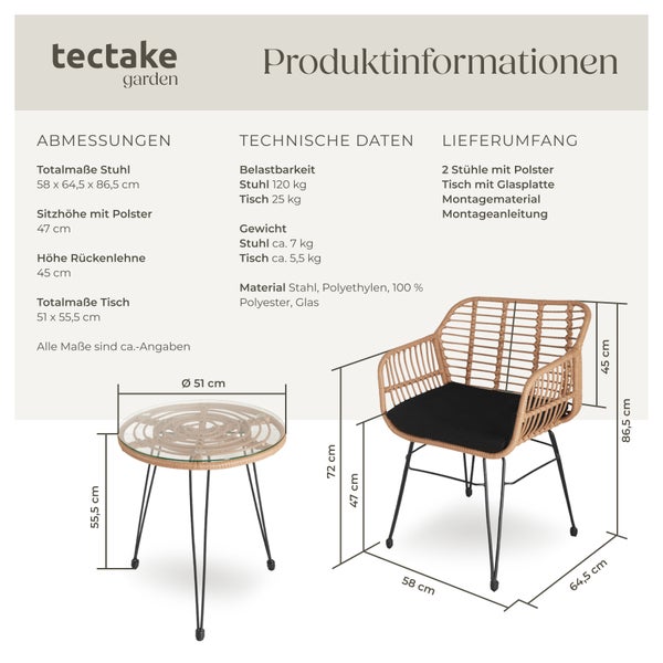 Rattan Sitzgruppe tectake Molfetta filigranes Design für 2 Personen natur
