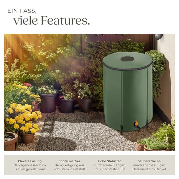 Faltbare Regentonne aus robustem Kunststoff zur Regenwassernutzung im Garten mit stabilem Stand und Filter im Deckel.