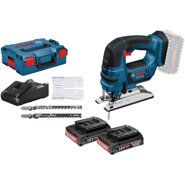 Bosch Akku-Stichsäge GST 18V-LI B / 2x 2,0 Ah Akku + Ladegerät inkl. Zubehör-Set in L-Boxx