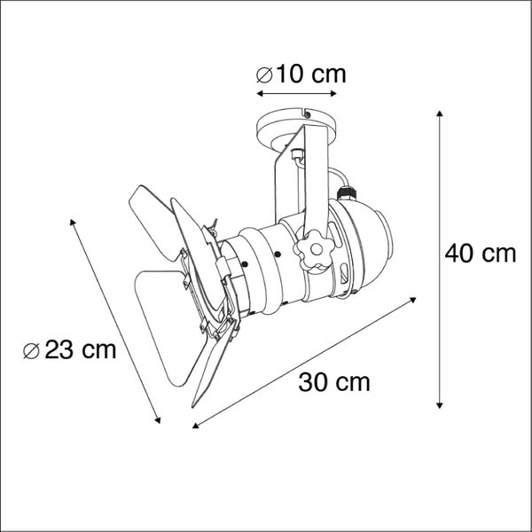 Technische Zeichnung einer Deckenleuchte mit den Maßen 10 cm Durchmesser (Deckenbefestigung), 23 cm Durchmesser (Lampenschirm), 30 cm Länge und 40 cm Höhe.