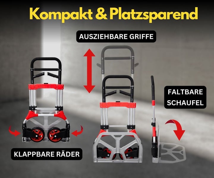 PROREGAL Klappbare Profi-Sackkarre ELEPHANT HxBxT 112 x 60 x 61 cm Traglast 250 kg Ergonomische Griffe TPR-Gummiräder Schwarz-Rot-Silber