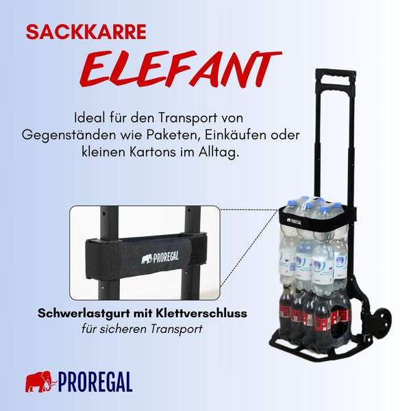 PROREGAL Klappbare Profi-Sackkarre ELEPHANT HxBxT 110x39x42cm Traglast 70kg Aluminiumrahmen, ergonomische Griffe, TRR Fachgummiräder Schwarz