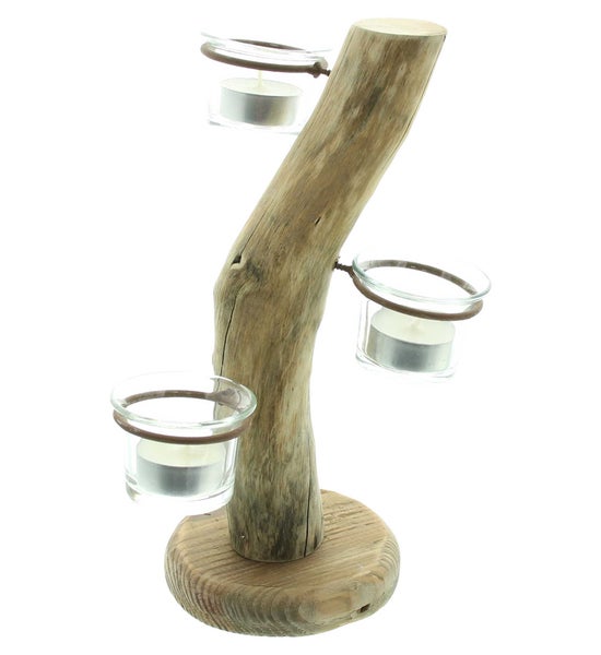 FRANK FLECHTWAREN | Teelichthalter Naturschön, HOLZ, GLAS, METALL, 16 x 14,5 x 28 cm, Glas Ø 6,2 x 4,5 cm
