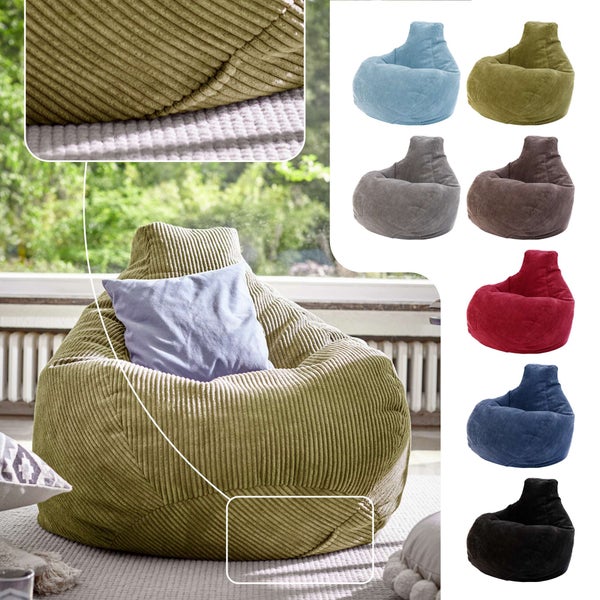 Green Bean Sitzsack mit Rückenlehne 80x80x90cm - Gaming Chair mit 230L Füllung Cordstoff - Bean Bag Bodenkissen Lounge Sitzhocker Relax-Sessel Gamer Gamingstuhl Grün