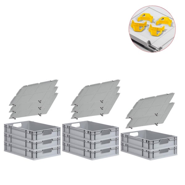 PROREGAL Spar Set 8x Eurobox Nextgen Economy Mit Auflagedeckel & 4x Schiebeschnappverschlüsse Gelb Griffe Offen HxBxT 12 x 40 x 60 cm 23 Liter