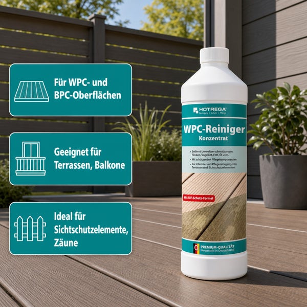 Hotrega WPC Reiniger Konzentrat in einer Flasche zur Reinigung von Terrassen Zäunen und Sichtschutz aus WPC und BPC mit UV Schutz Formel
