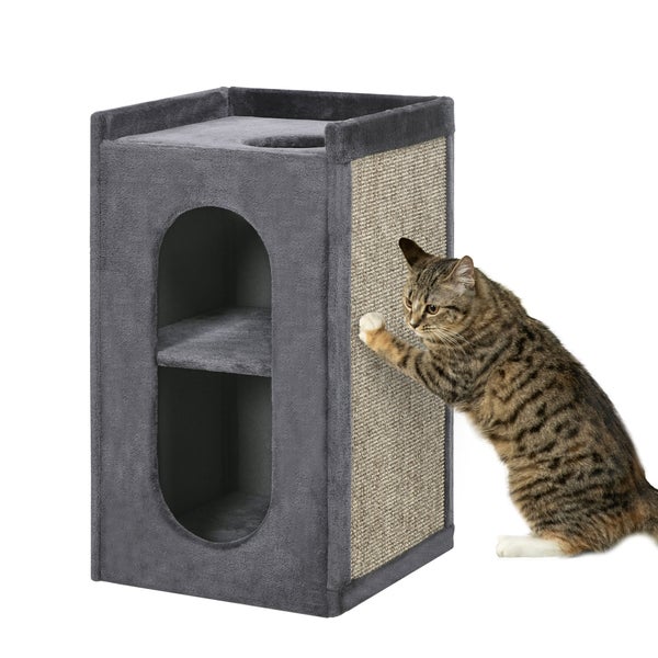 PawHut Kratztonne, Höhe 81 cm, Katzenkratzbaum mit 2 Höhlen, Kratzturm mit Kratzbrett, Katzenturm mit 2 Ebenen, Katzentonne für Katzen bis 6 kg, Dunkelgrau