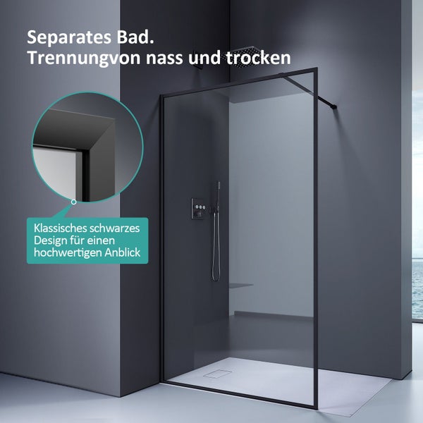 Walk-in-Dusche EMKE Duschtrennwand aus 8 mm Nano-Beschichtung ESG Sicherheitsglas, 120cm x 200cm, Klarglas, Schwarz