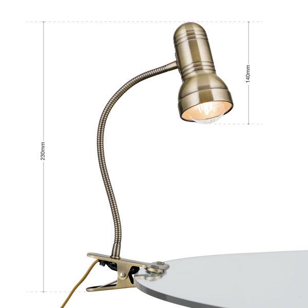 Klemmleuchte mit einer Höhe von 230 mm und einer Lampenhöhe von 140 mm.