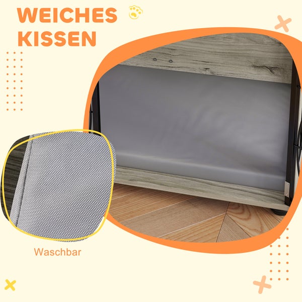 PawHut Hundekäfig für Zuhause, Hundehütte, Indoor Haustierkäfig mit Kissen, Hundehaus mit Fenster, Hundebox für große Hunde, Grau, 100 x 60 x 73,5 cm