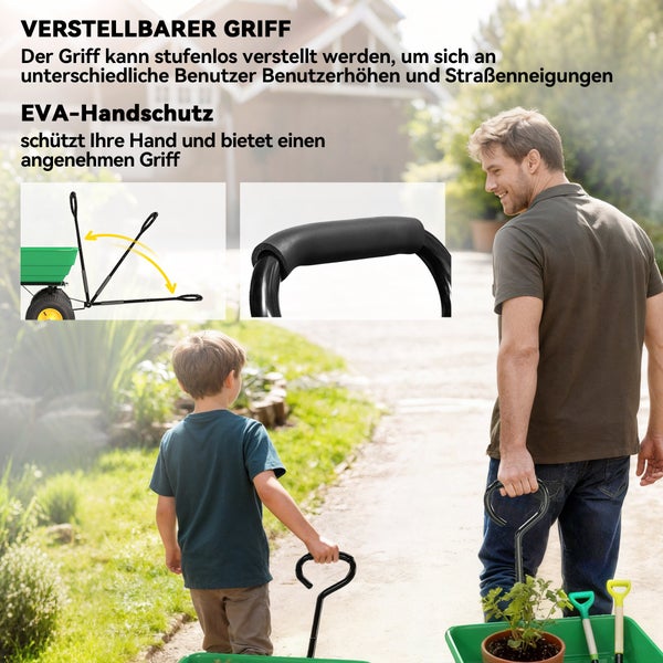 Ein Mann und ein Kind ziehen einen grünen Gartenwagen mit stufenlos verstellbarem Griff und Schaumstoff-Handschutz in einem hellen Garten.