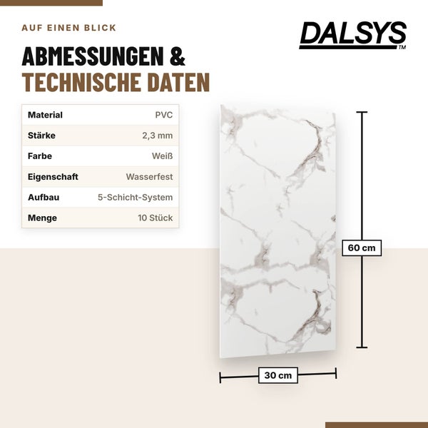 Technische Datenblatt und Produktbild einer Dalsys PVC Wandverkleidungsplatte mit Marmoroptik und den Maßen 30 mal 60 Zentimeter.