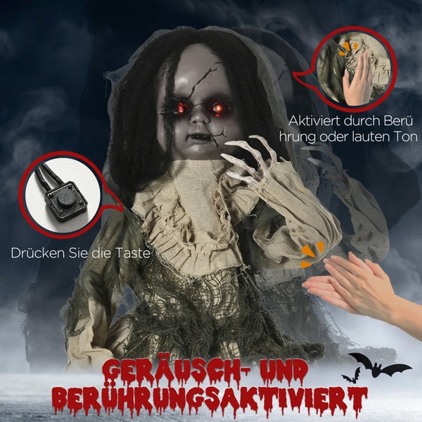 Gruselige Halloween Puppe mit Geräusch- und Berührungsaktivierung