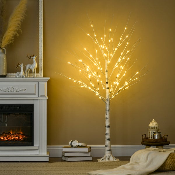 HOMCOM 150 cm Kunstbaum, Birkenbaum mit LED, Weihnachtsbaum Birken, Weihnachtsdeko Kunstbirke für Party, Geburtstag, Hochzeit