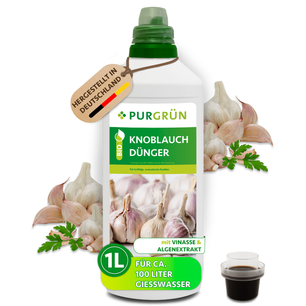 Purgrün Bio Knoblauchdünger in der ein Liter Flasche, mit Vinasse und Algenextrakt, hergestellt in Deutschland.