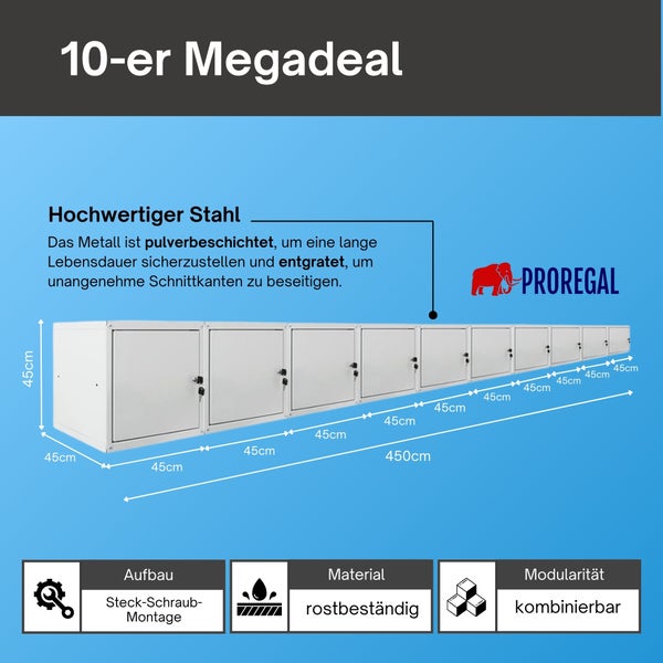 Zehn Schließfächer aus pulverbeschichtetem Stahl, rostbeständig, kombinierbar, Steck-Schraub-Montage, 45 mal 45 mal 45 Zentimeter, ProRegal Logo.