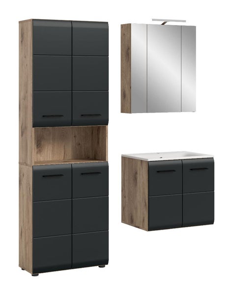 Badezimmermöbel-Set in Eiche-Optik und Grau bestehend aus Hochschrank, Spiegelschrank mit Beleuchtung und Waschbeckenunterschrank mit Waschbecken.