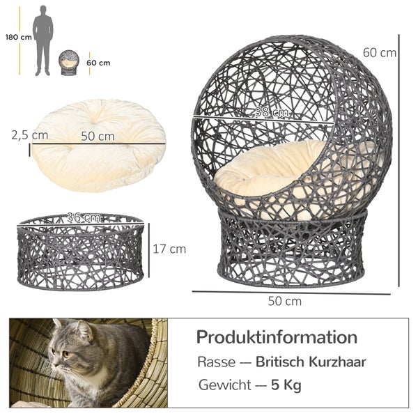 PawHut Rattan Katzenkorb, 50 x 50 x 60 cm, Stahldraht, Violett+Cremeweiß